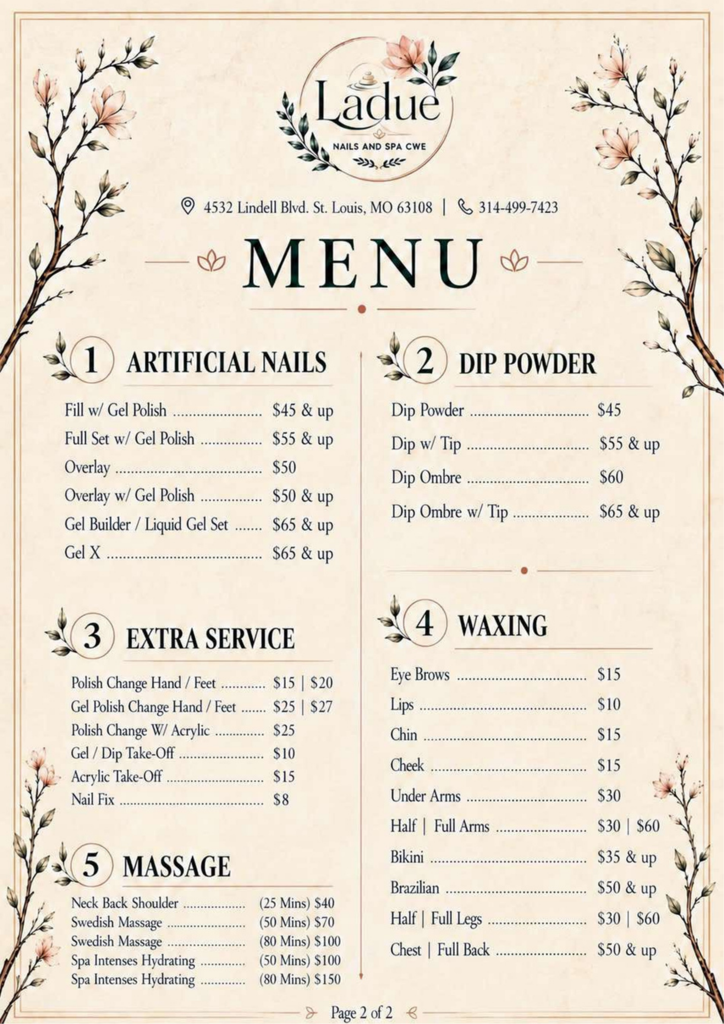 Ladue Nails and Spa CWE service menu, page 1